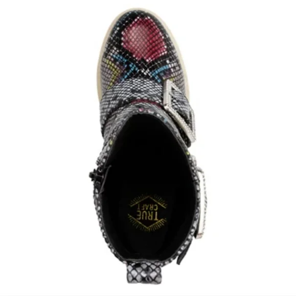 NEW Womens Combat Boots Moto Grunge Pink Multi Jeweled Bling Buckles Reptile 7.5 - Picture 8 of 12